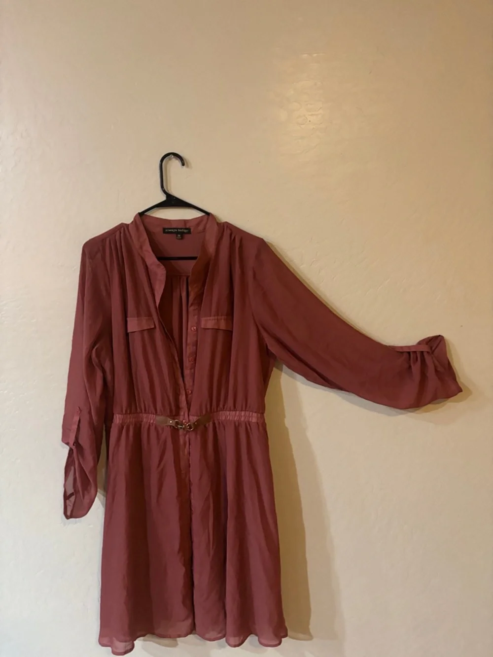 Almost Famous Mauve Long-Sleeve Belted Shirt Dress - Picture 9 of 10